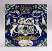 A GOOD PERSIAN QAJAR CERAMIC TILE, depicting figures and animals upon blue ground with script, 28cm