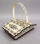 A SUPERB 19TH CENTURY IVORY BASKET, with a pair of shaped flaps, inlaid with gods and flowers,