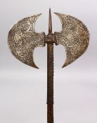 A GOOD 19TH CENTURY QAJAR STEEL ENGRAVED AXE, 52cm x 28cm.