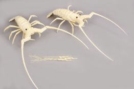 TWO CHINESE CARVED BONE ARTICULATED MODEL OF CRAYFISH, in silk lined box, 33cm & 31cm