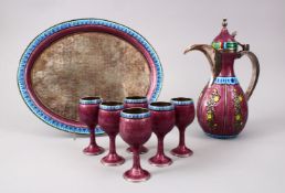 A FINE QUALITY KOREAN SILVER & ENAMEL TEA SET AND TRAY, comprising of one ewer, 26cm, six goblets,