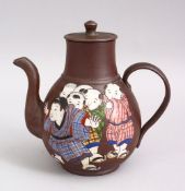 A GOOD CHINESE YIXING CLAY TEAPOT ENAMELLED DECORATION OF SIX BOYS, the base with a signature.