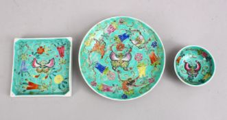 THREE CHINESE TURQUOISE GLAZED PORCELAIN ITEMS, comprising one saucer dish 14cm, one wine cup, 6.