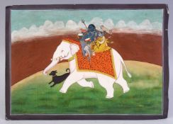 AN EARLY 20TH CENTURY INDIAN MUGHAL MINIATURE PAINTING, depicting a blue skin god holding an