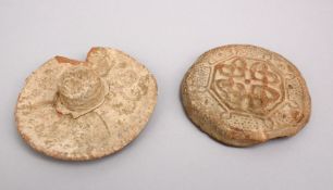 TWO GOOD CARVED CLAY FATIMID TEMPLETS, 9CM.