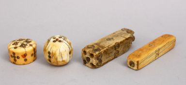 FOUR 16TH / 17TH CENTURY ISLAMIC OR INDIAN CARVED IVORY GAMING PIECES, 7cm down to 3cm