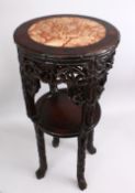A GOOD 19TH CENTURY CHINESE CARVED HARDWOOD MARBLE TOP STAND, the top inset with marble, the sides