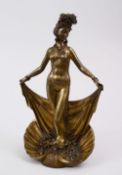 A CHINESE / ORIENTAL BRONZE FIGURE OF AN ELEGANT LADY STOOD WITHING A SHELL, 29cm X 18cm