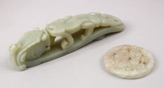 TWO CHINESE CARVED JADE ITEMS, ONE BELT CLIP AND ONE PENDANT, the buckle carved in the form of