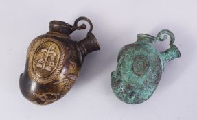 TWO USUAL MANGO SHAPED SILVER INLAID HUQQA BASES, 13cm and 11cm.