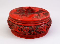 A GOOD CHINESE 19TH / 20TH CENTURY CINNABAR LACQUER CARVED BOX, the box with decorated scenes of