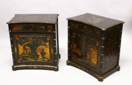 A PAIR OF 19TH CENTURY CHINOISERIE LACQUERED SIDE CABINETS, with bamboo formed side rails, the