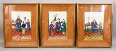 THREE GOOD FRAMED CHINESE 19TH CENTURY PAINTING ON RICE PAPER OF OFFICALS, the gilt frames housing