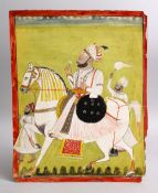 AN 18TH / 19TH CENTURY INDIAN MUGHAL MINIATURE PAINTING OF A NOBLEMAN UPON HORSEBACK, 37.5cm x 29.