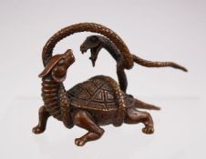 A JAPANESE MEIJI STYLE BRONZE FIGURE OF A SNAKE AND MINOGAME, 8CM.