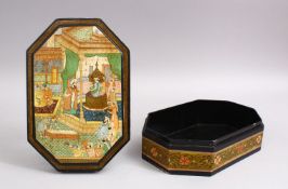 A GOOD 19TH CENTURY PERSIAN PAINTED LACQUER BOX DEPICTING A COURT SCENE, 23cm X 15cm