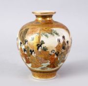 A JAPANESE MEIJI PERIOD SATSUMA GLOBULAR VASE, the body with multi panel decoration depicting