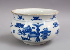 A GOOD CHINESE KANGXI STYLE BLUE & WHITE PORCELAIN BOWL, decorated with precious & buddhistic