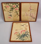 THREE CHINESE PAINTINGS ON SILK OF BIRDS AND FLORA, each with a mar in the upper left section,