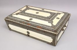 A LARGE 19TH CENTURY INDIAN IVORY AND MOSAIC BANDED SEWING BOX, with fitted interior, 17in long,