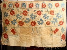 AN 18TH CENTURY TURISH OTTOMAN EMBROIDERED TENT FRAGMENT.