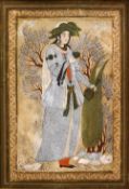 A GOOD QUALITY SAFAVID MINIATURE PAINTING OF A PRINCE STANDING, framed, the minature itself 14cm x