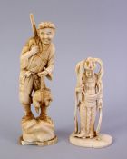 TWO JAPANESE MEIJI PERIOD CARVED IVORY OKIMONOS, one of a hunter holding his catch, 21cm high, the