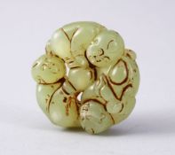 A GOOD CHINESE CARVED JADE ROUNDEL PENDANT - BOYS, the pendant carved with scenes of three boys,
