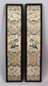 A PAIR OF 19TH CENTURY CHINESE EMBROIDERED FRAMED PANELS, depicting birds and butterflies around