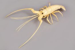 A CHINESE CARVED BONE MODEL OF A CRAYFISH, in silk lined box, 31cm.