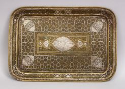 A FINE 19TH CENTURY DAMASCUS CAIROWARE SILVER INLAID BRASS TRAY, with corner decoration of