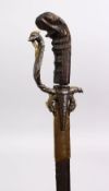 A GOOD 19TH CENTURY INDONESIAN STEEL SWORD, with a wooden carved mythical head hilt, 70cm.