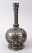 AN 18TH / 19TH CENTURY INDIAN BIDRI SILVER INLAID DRINKING BOTTLE, 30CM.