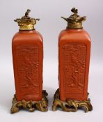 A GOOD PAIR OF CHINESE YIXING CLAY VASES AS LAMPS, the vases converted to lamps with ormolu