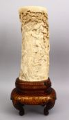 A FINE QUALITY JAPANESE MEIJI PEROD CARVED IVORY TUSK VASE - WARRIORS & DRAGONS, the tusk section
