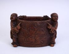 A GOOD 19TH / 20TH CENTURY CHINESE CARVED BAMBOO BRUSH POT - TWO BOYS, the pot carved to depict
