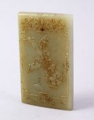 A GOOD CHINESE CARVED JADE PENDANT CARVED WITH SCENES OF BOYS PLAYING, the main panel depicting