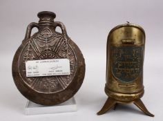 TWO GOOD BRASS & STONEWARE JEWISH RELATED ITEMS, one flask shaped stone bottle with silver inlays,