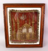A GOOD FRAMED SILVER THREAD EMBROIDERY OF A MOSQUE, 57cm x 50cm