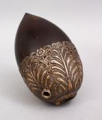 A FINE 19TH CENTURY INDO-PORTUGUESE SILVER MOUNTED COCONUT HUQQA BASE, 16cm