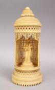 A GOOD 19TH CENTURY ANGLO INDIAN CARVED IVORY SHRINE WITH MADONNA & CHILD, the open work small