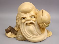 A LARGE CHINESE RESIN POLYCHROME FIGURE OF SHOU LAO, with a dragon and gourd, artist signed to base,