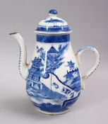 AN 18TH CENTURY CHINESE BLUE & WHITE QIANLONG PORCELAIN COFFEE POT, the bodyt decorated with typical