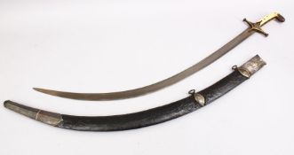 A 19TH CENTURY INDO PERSIAN GOLD INLAID WATERED STEEL CALLIGRAPHIC SWORD WITH SCABBARD, the blade