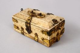 AN 18TH CENTURY MUGHAL INDIAN CARVED IVORY BOX WITH METAL MOUNTS, carved with floral decoration,