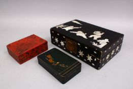 A CHINESE 19TH / 20TH CENTURY MOTHER OF PEARL INLAID BOX & TWO OTHERS, the box inlaid with scenes of
