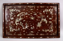 A FINE QUALITY 19TH CENTURY CHINESE HARDWOOD & MOTHER OF PEARL INLAID TRAY, the inlaid carved to