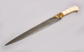 A FINE INDIAN GOLD INLAID WATERED STEEL DAGGER, with floral gold inlay and bone hilt, 30cm.