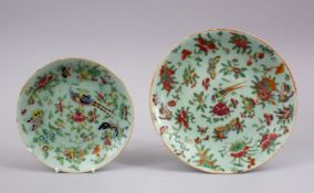TWO CHINESE 19TH CENTURY CANTON CELADON PLATES, both with similar decoration of butterflies and