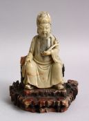 A CHINESE CARVED SOAPSTON E FIGURE OF A GENERAL SEATED, AF, 14CM HIGH.